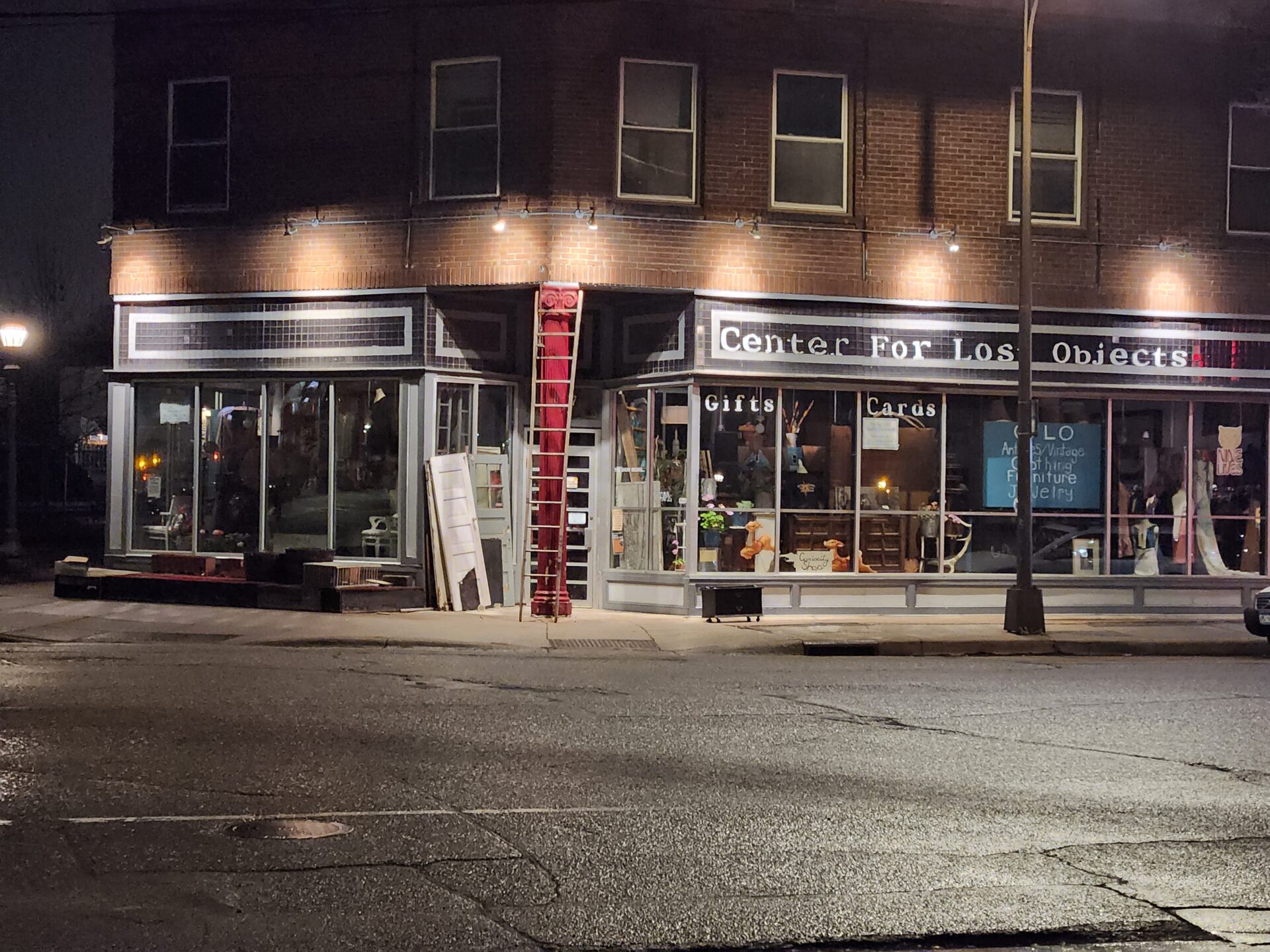 Late night in St. Paul, a store with the name "Center for Lost Objects"